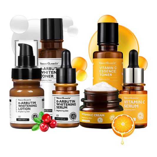 VIBRANT GLAMOUR α-Arbutin & Vitamin C (Day & Night Set) - α-Arbutin Serum, Toner, Lotion + Vitamin C Cream, Serum, Toner