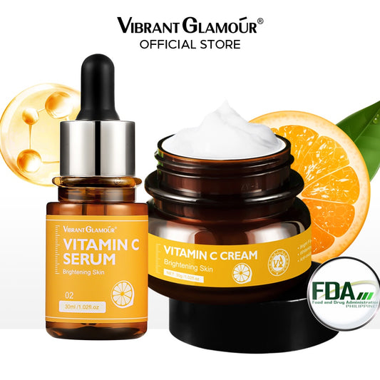 VIBRANT GLAMOUR FDA Vitamin C Whitening Face Cream + Face Serum Sets Fading Dark Spot Freckles Brightening VC Essence